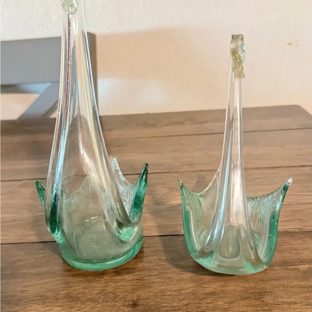 Murano Style Art Glass Swan Figurines Set of 2 Vintage Mid Century Decor